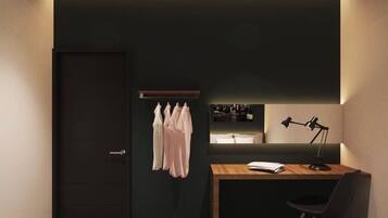Quarto moderno com parede escura, escrivaninha de madeira, cadeira, luminária e porta com porta-toalhas.