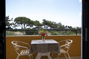 A balcony with a table and two chairs, a vase with flowers, and a view of trees and sky. - Manolis Studios (Kos)