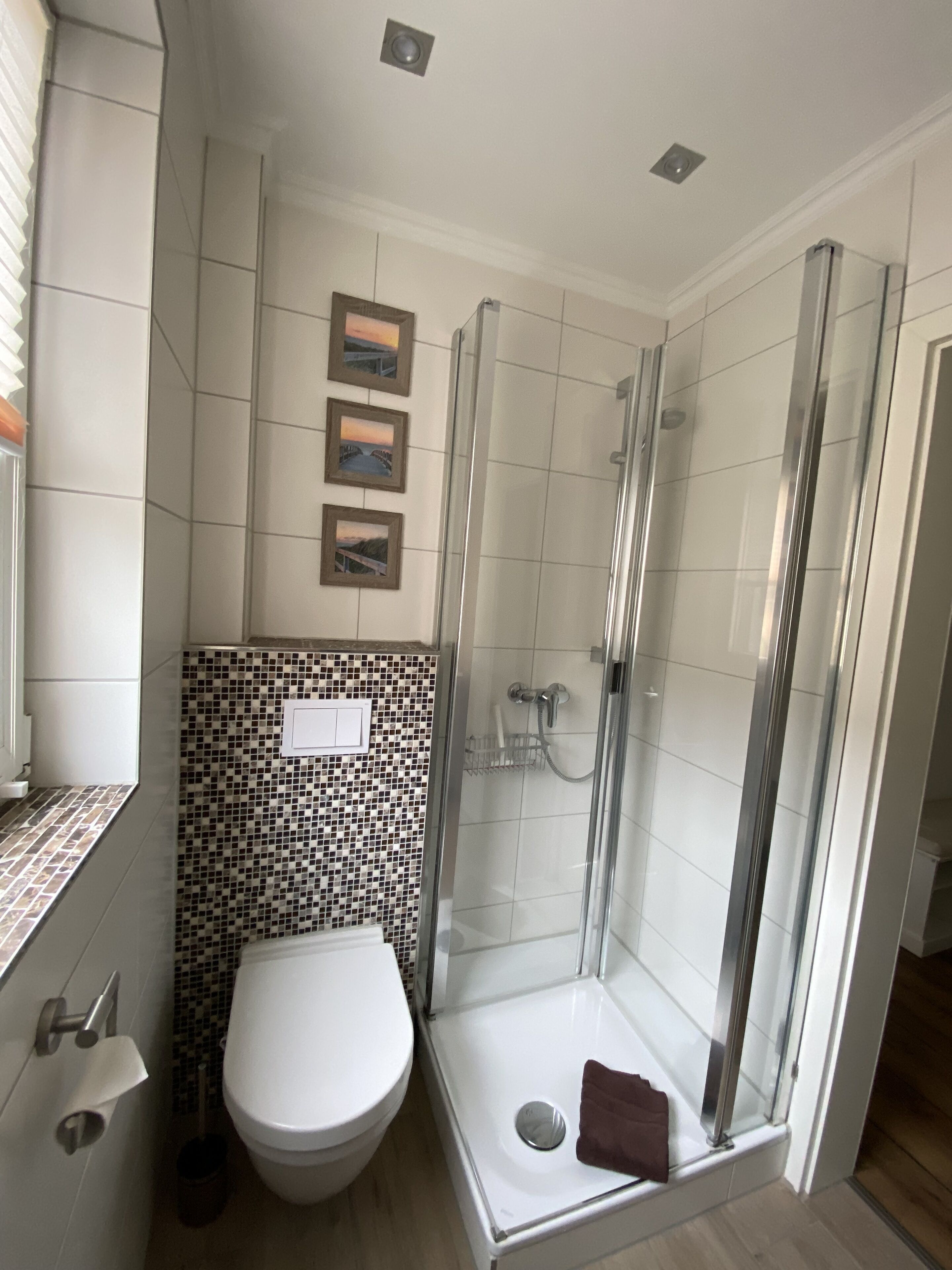 A bathroom with a glass-enclosed shower, a toilet, and a tiled backsplash with a mosaic pattern.