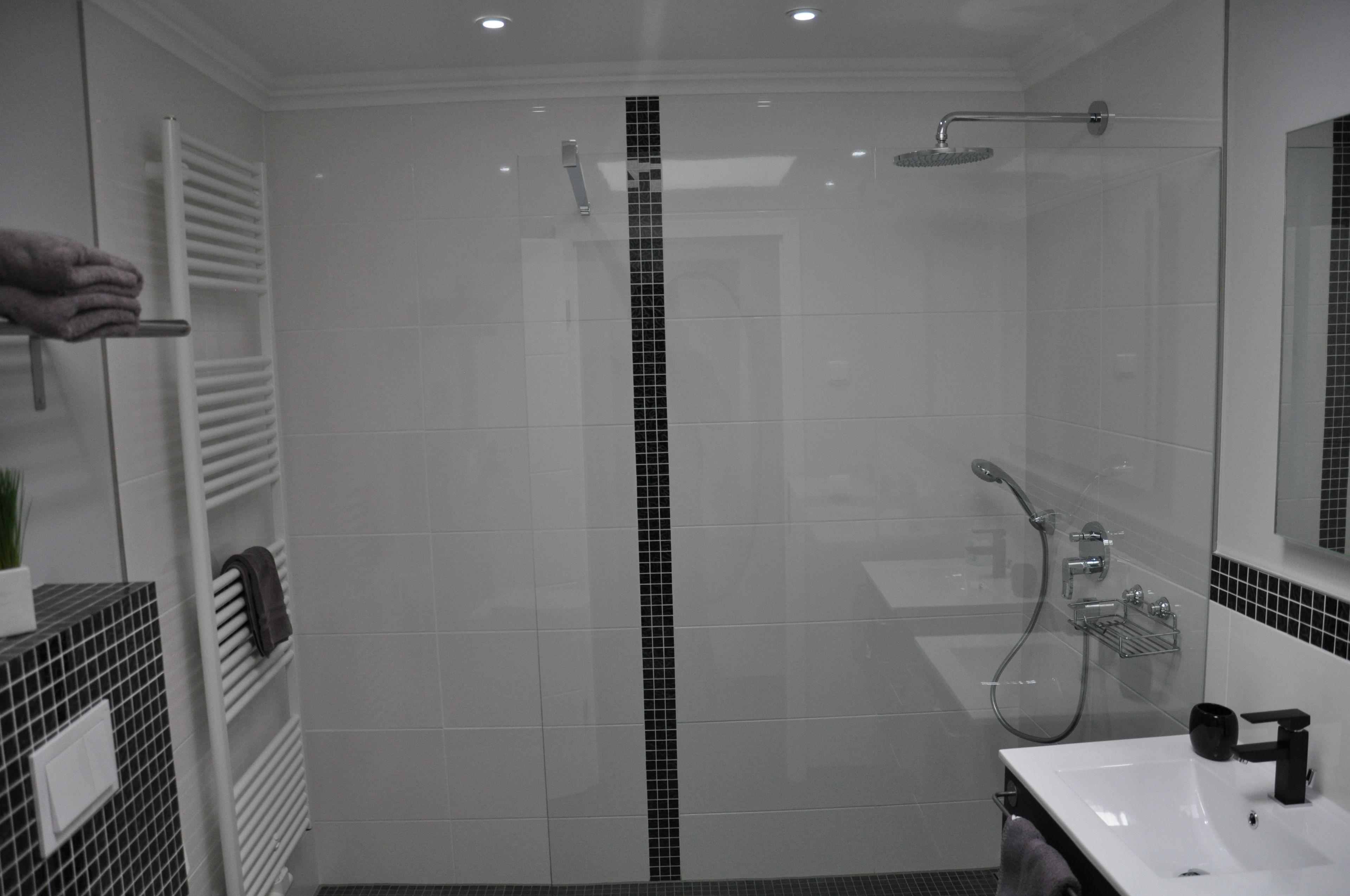 Un baño moderno con ducha envuelta en vidrio, un lavabo blanco y un perchero para toallas.
