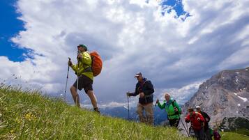 A group of hikers on a grassy mountain trail with rocky terrain and mountains in the background.
