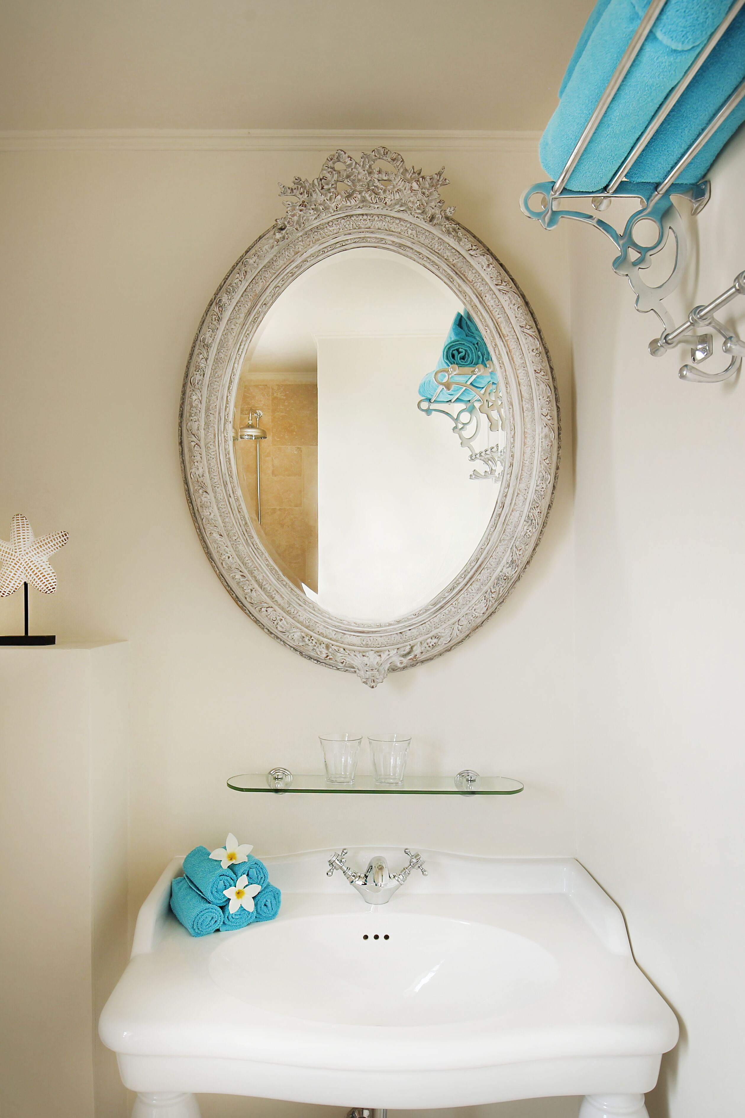 shower, rainfall showerhead, hair dryer, towels