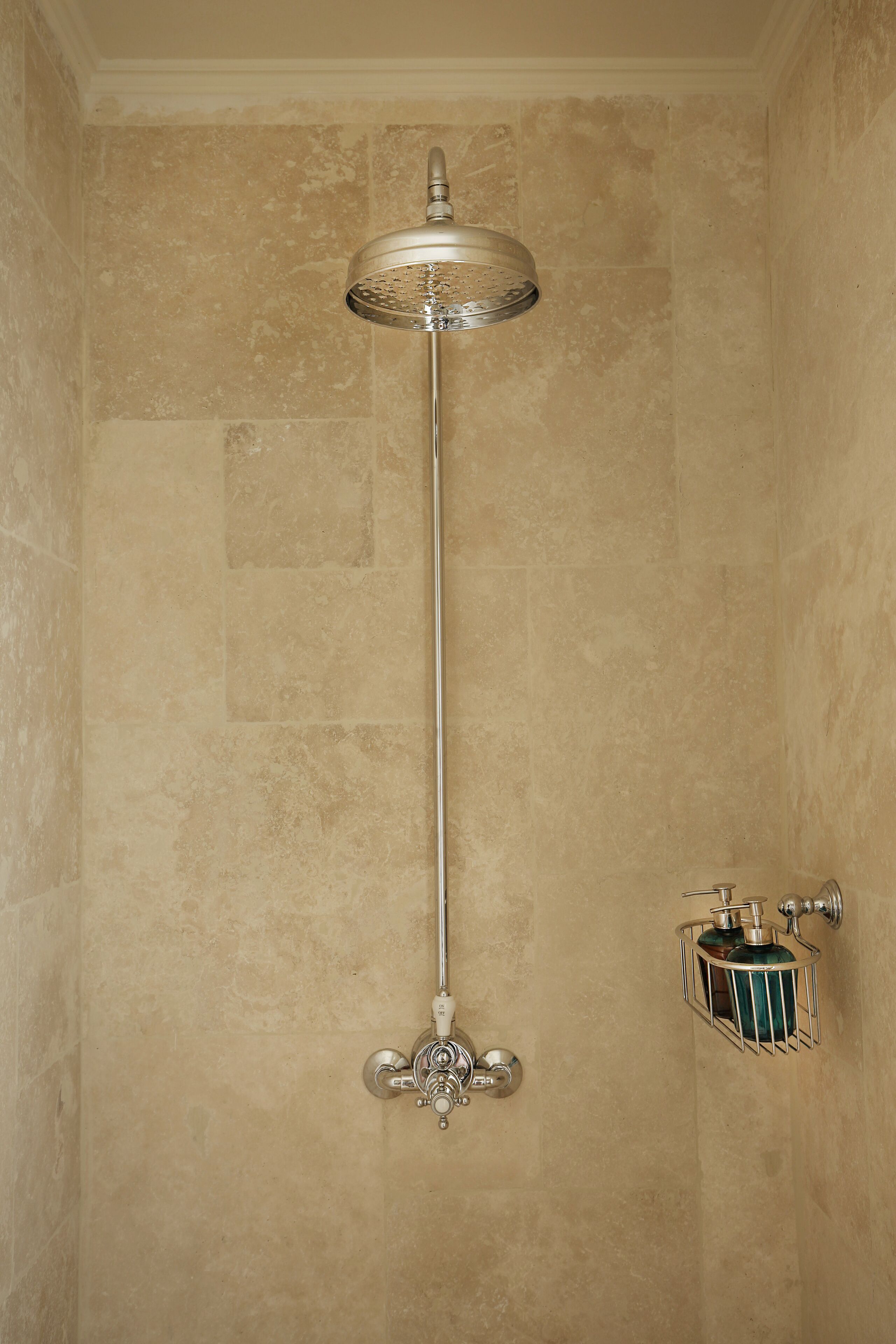 shower, rainfall showerhead, hair dryer, towels