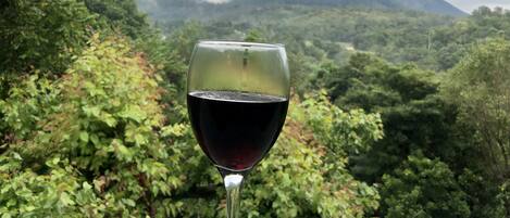 A glass of red wine with a mountainous landscape in the background.
