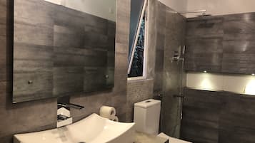 Shower, free toiletries, bidet, towels