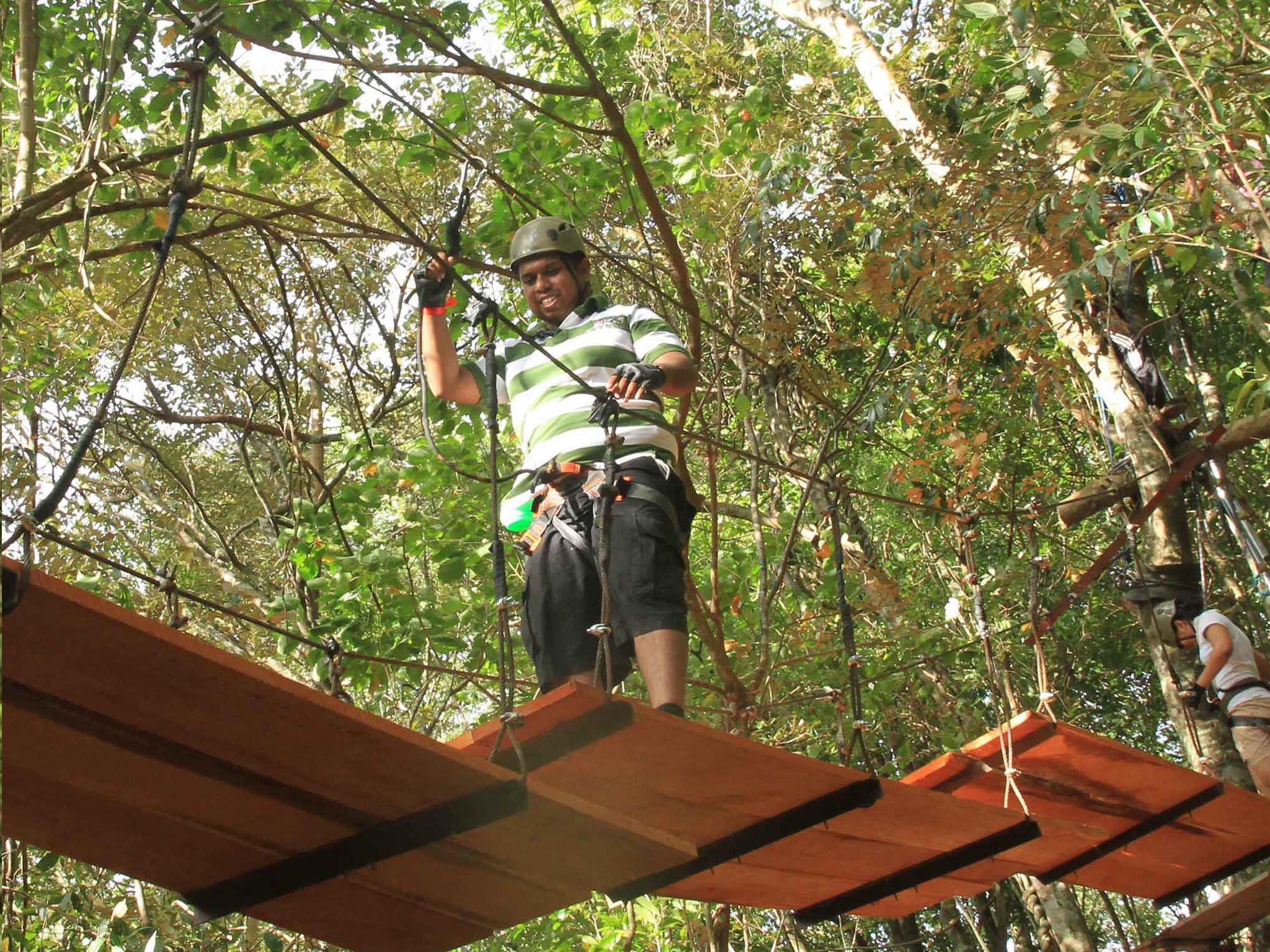 A person on a rope bridge in a forested area.