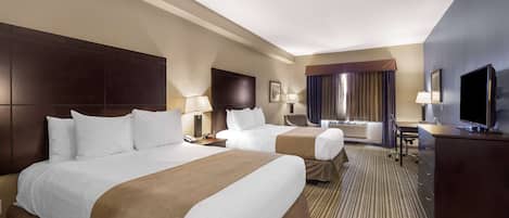 Pillowtop beds, desk, laptop workspace, iron/ironing board
