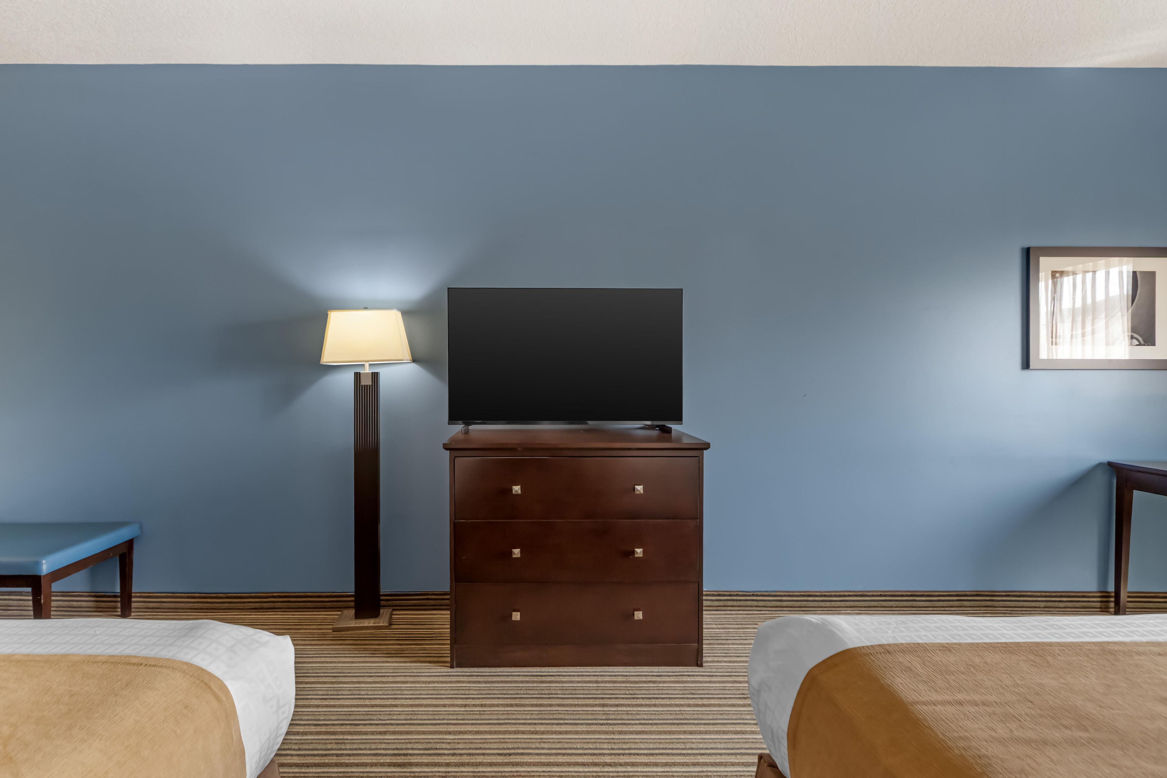 Une chambre d’hôtel avec deux lits, un téléviseur à écran plat posé sur une commode, une lampe et un tableau encadré au mur.