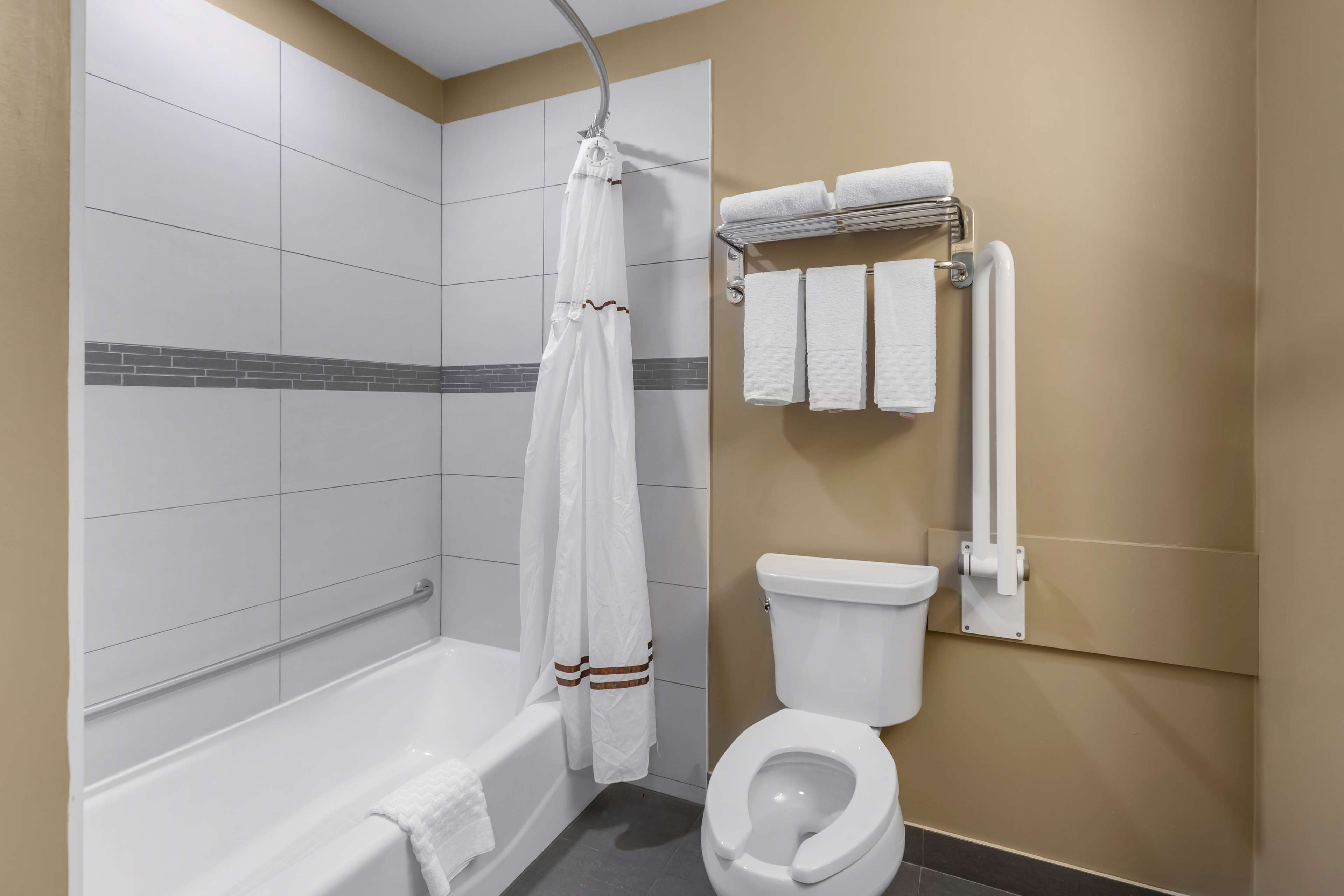 combined shower/bathtub, free toiletries, hair dryer, towels