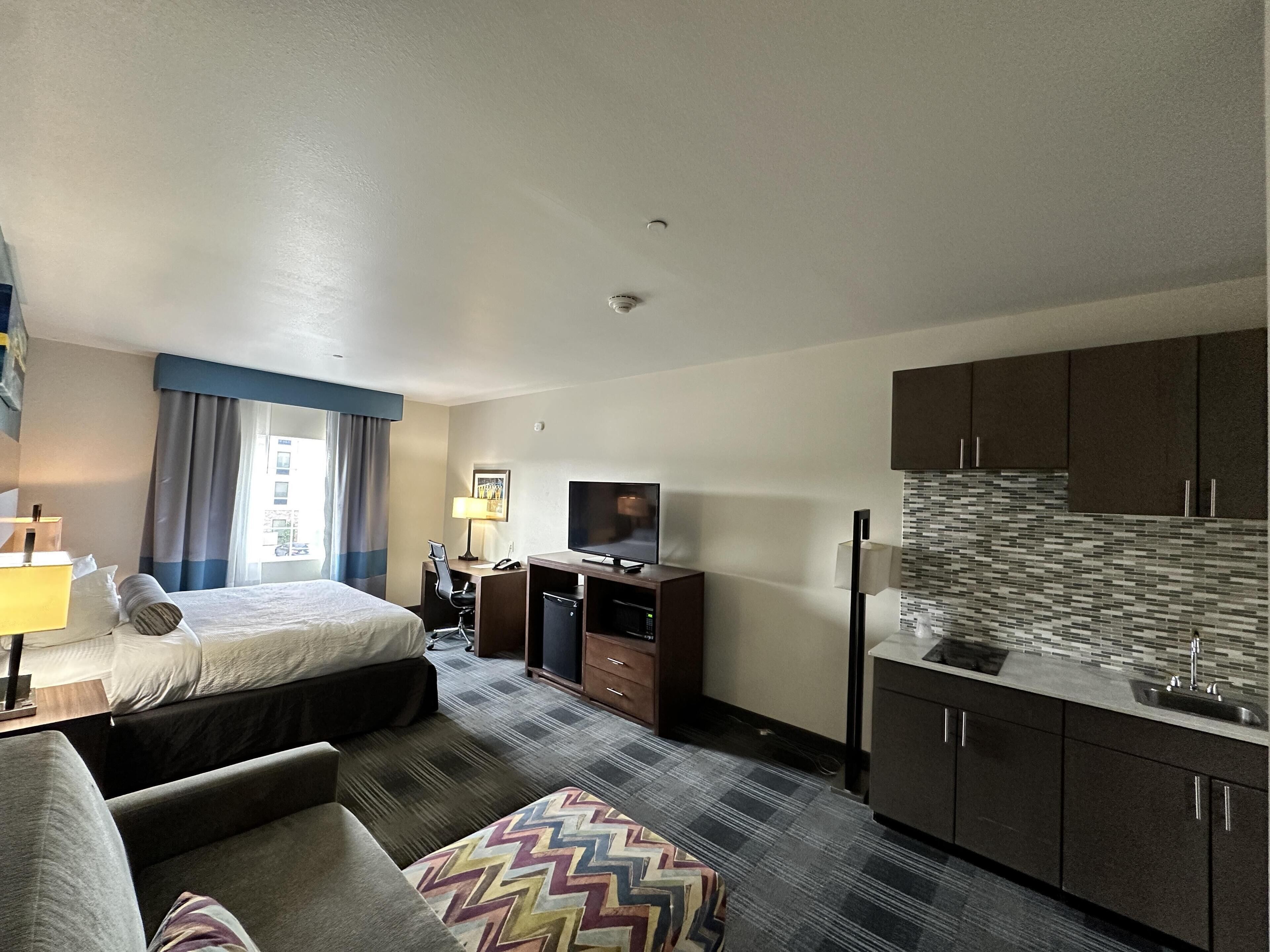 Habitación estándar, 1 cama King size, para no fumadores, cocineta (Larger Room;with Sofabed) | Escritorio, tabla de planchar con plancha y cunas gratuitas 