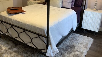 Egyptian cotton sheets, premium bedding, desk, laptop workspace