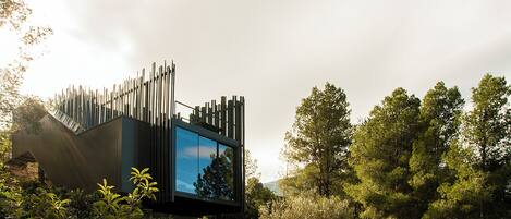 Un edificio moderno con un diseño exterior único, rodeado de abundante vegetación.