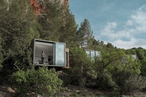 En modern stuga med en glasfasad, belägen i ett skogsområde med utsikt över de omgivande träden och en klar himmel.