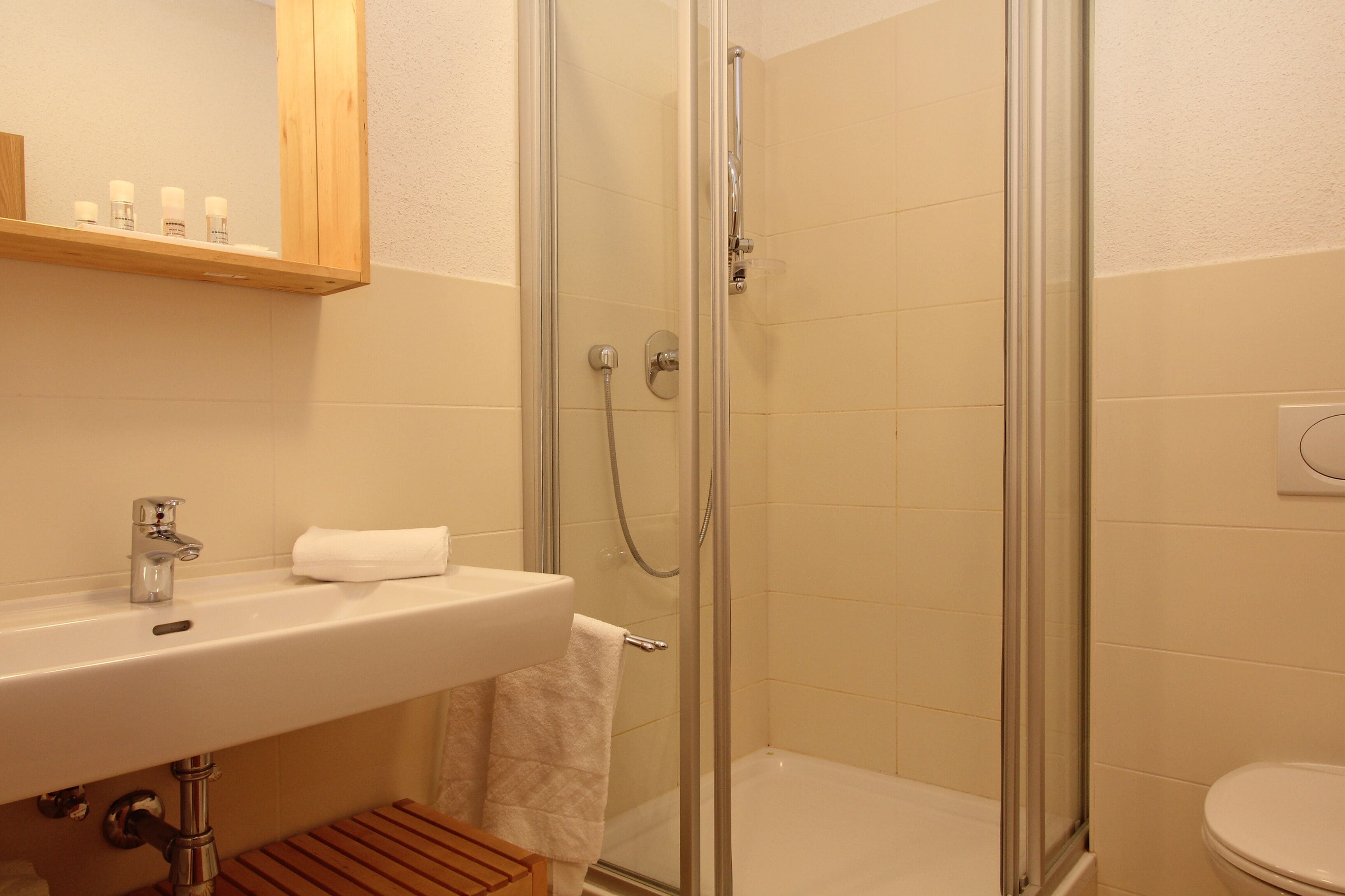 Ein Badezimmer mit Duschkabine, Waschbecken mit Spiegel und Toilette.