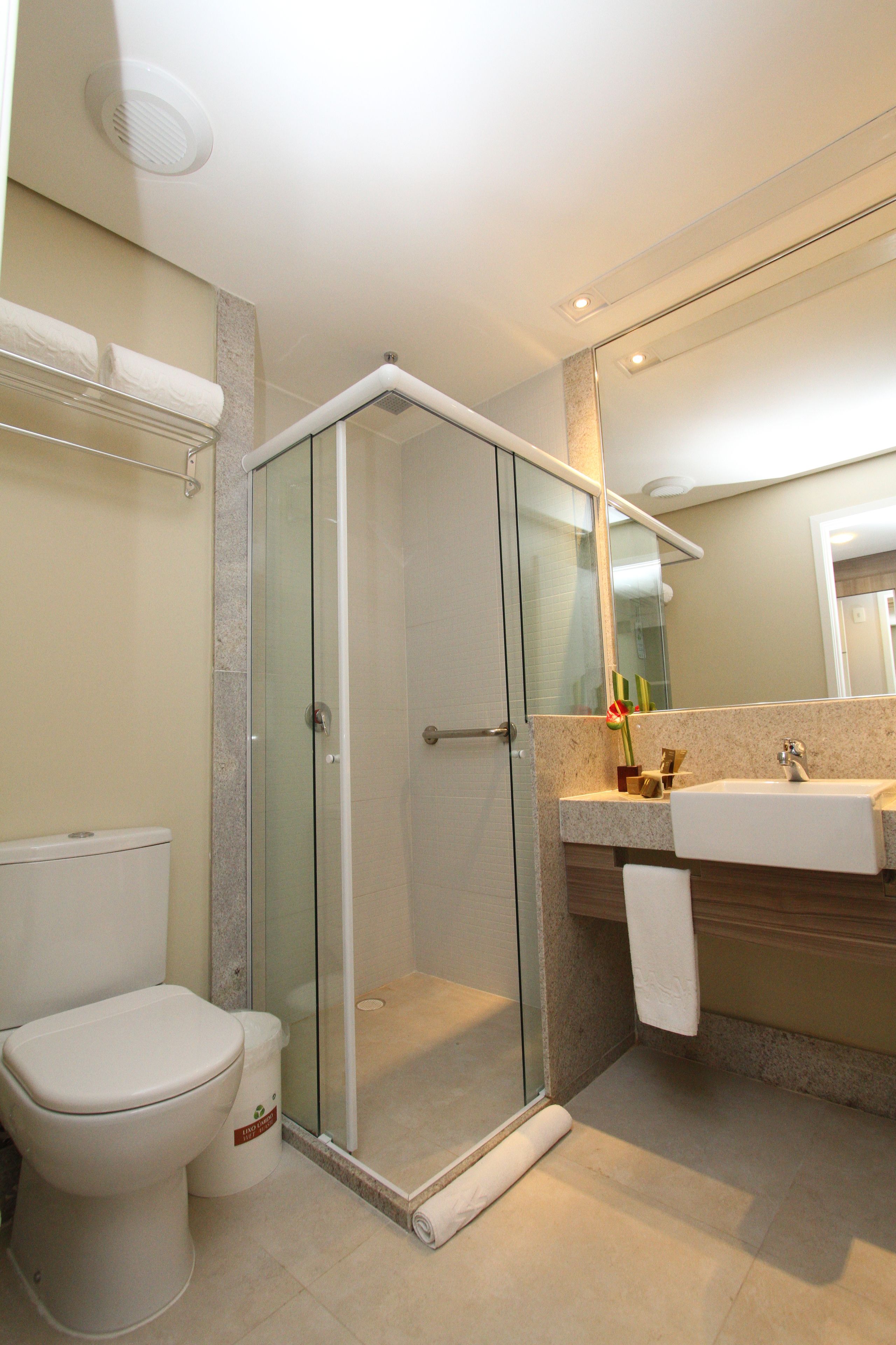 A modern bathroom with a glass-enclosed shower, a toilet, a sink, and a mirror.