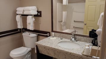 A bathroom with a toilet, sink, and handrails.