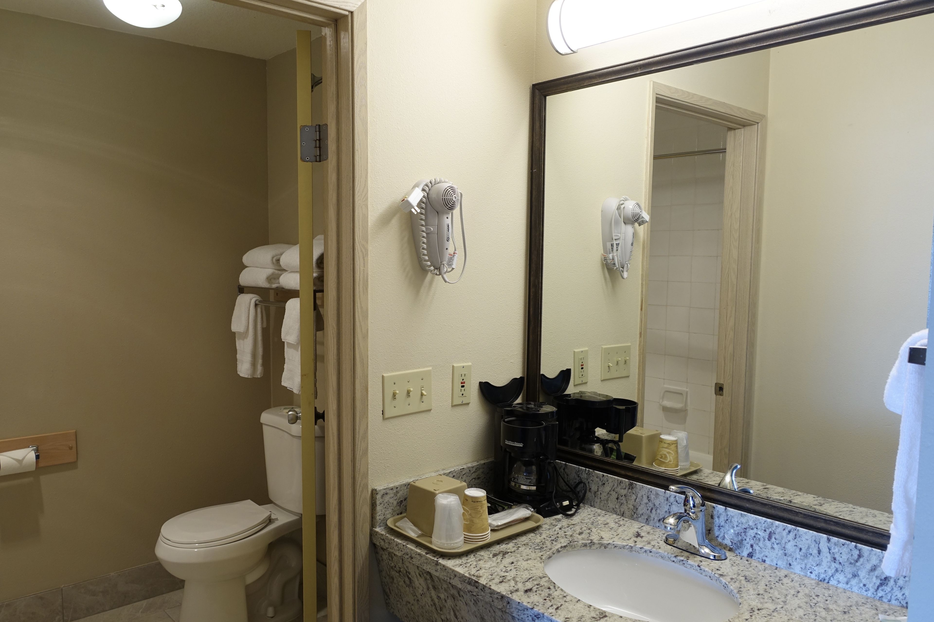 combined shower/bathtub, free toiletries, hair dryer, towels