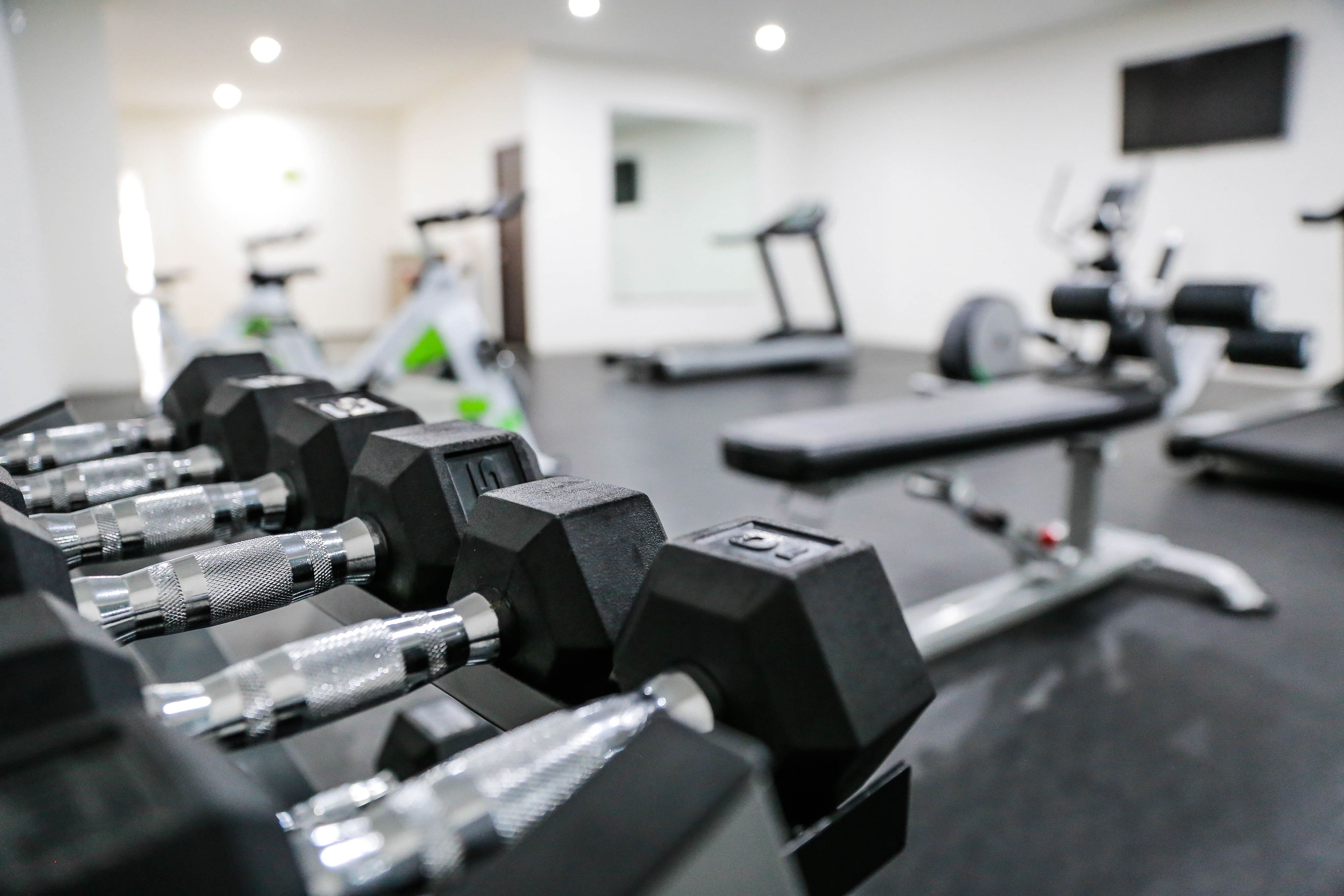 A gym with exercise equipment including dumbbells and a treadmill.