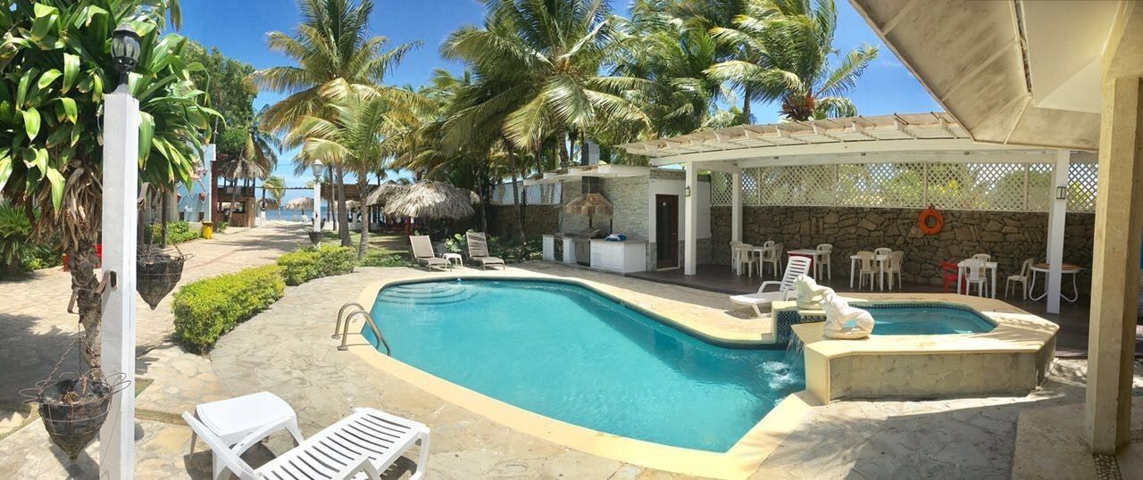 Outdoor pool, pool umbrellas, pool loungers