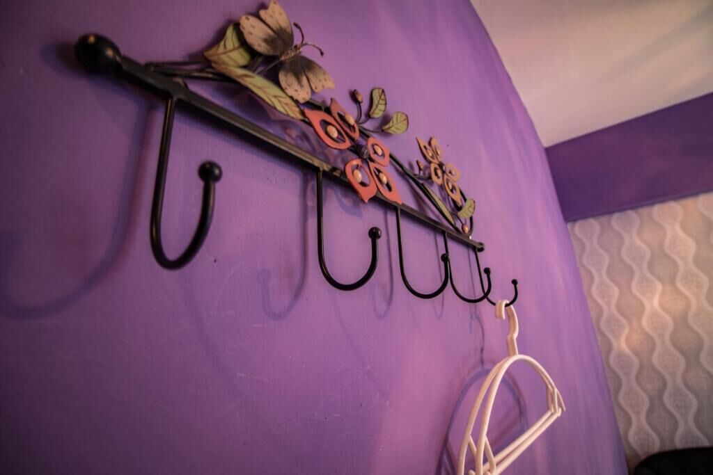 A purple wall with a metal hookboard featuring butterfly designs and a white coat hanging.
