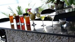 A bar area with various drinks and a view of palm trees. - Eden Resort (Santander)