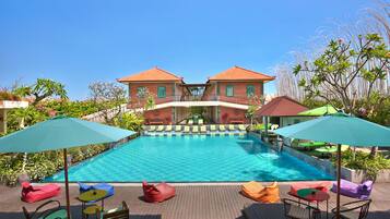 2 outdoor pools, open 7:00 AM to 7:00 PM, pool umbrellas, pool loungers