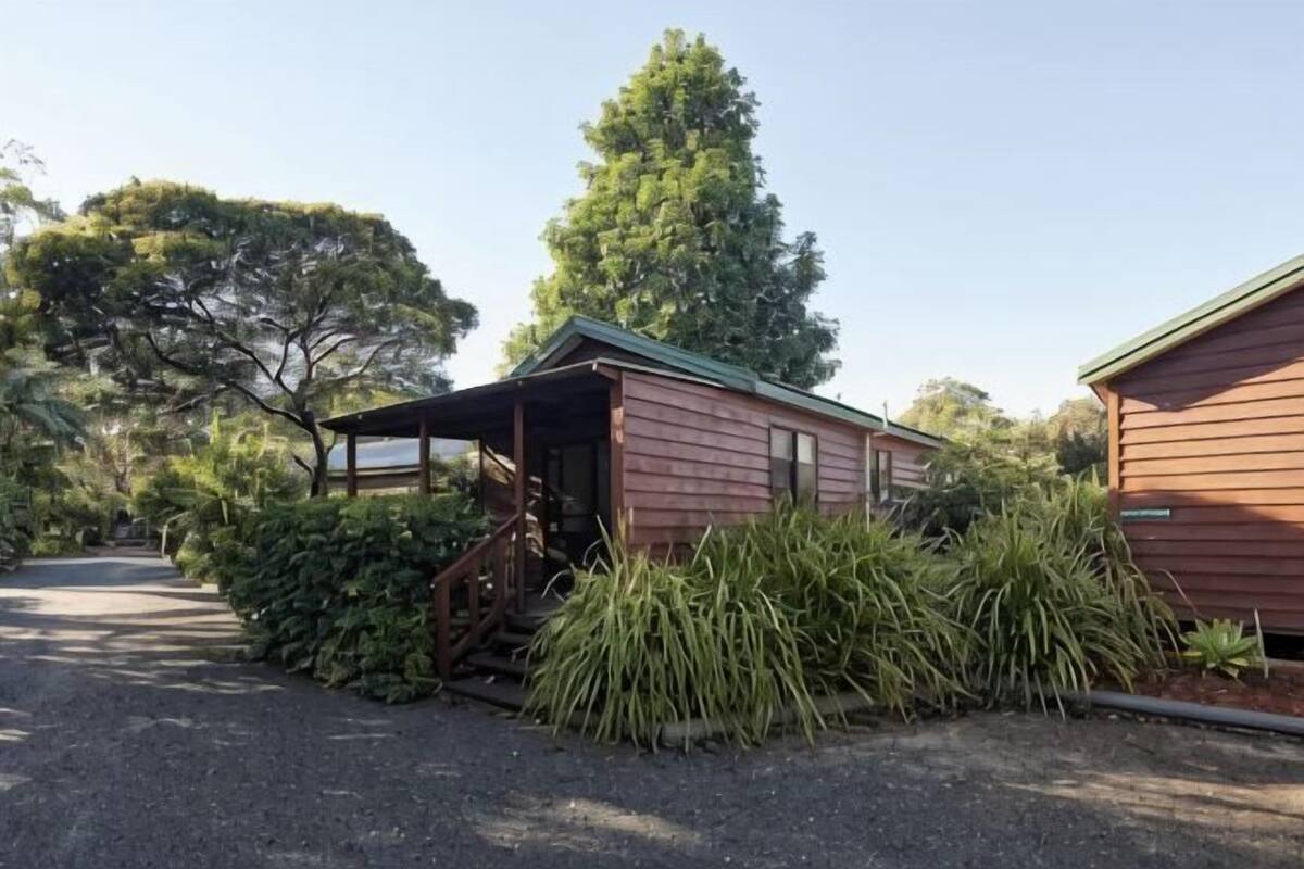 A wooden cabin with a porch, surrounded by greenery and a clear sky.