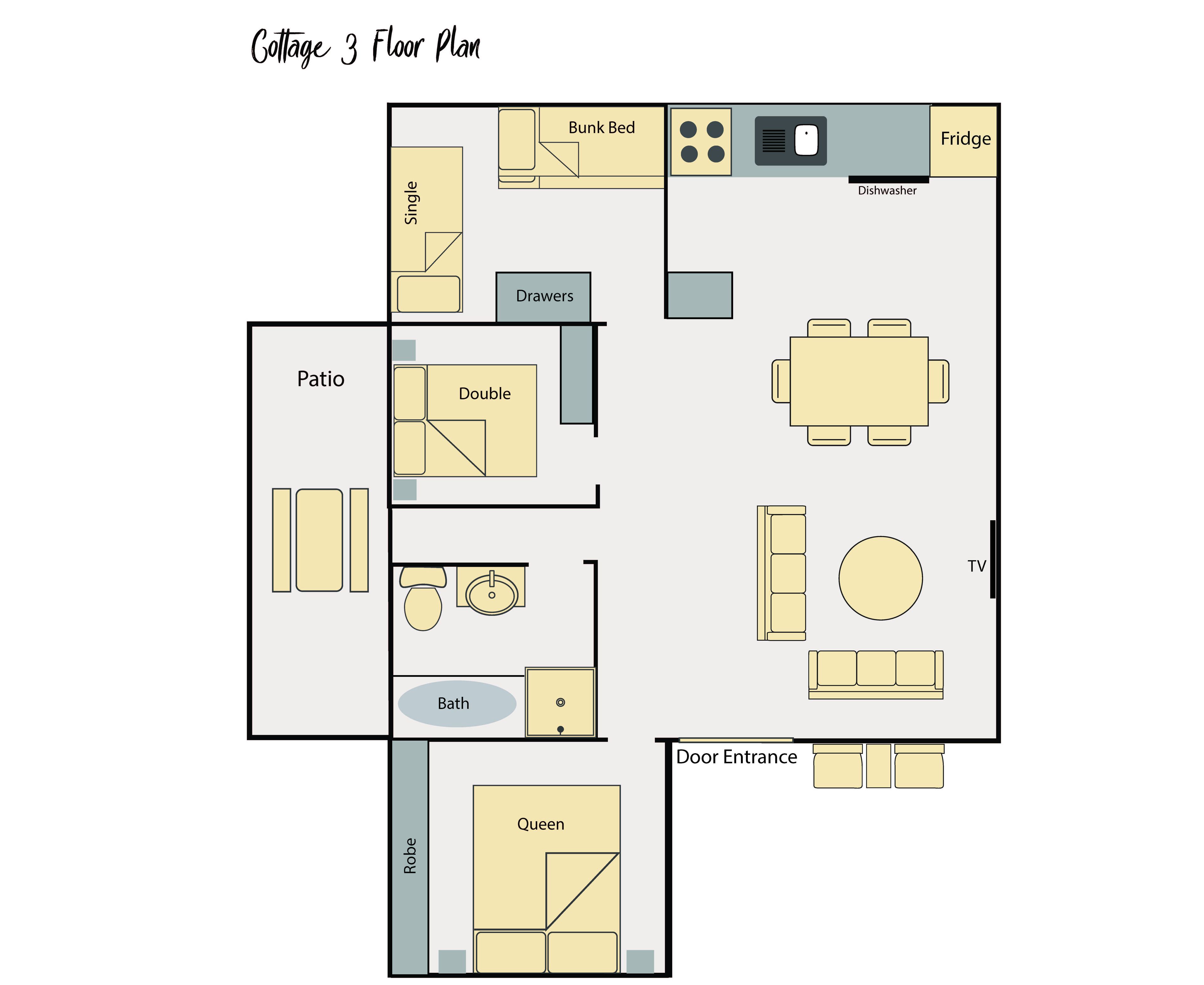 A floor plan of a cottage with a single bedroom, a double bedroom, a bathroom, a kitchen, a dining area, and a living room.