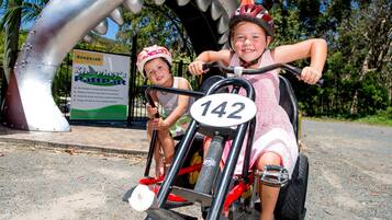 A child on a tricycle with a shark decoration.
