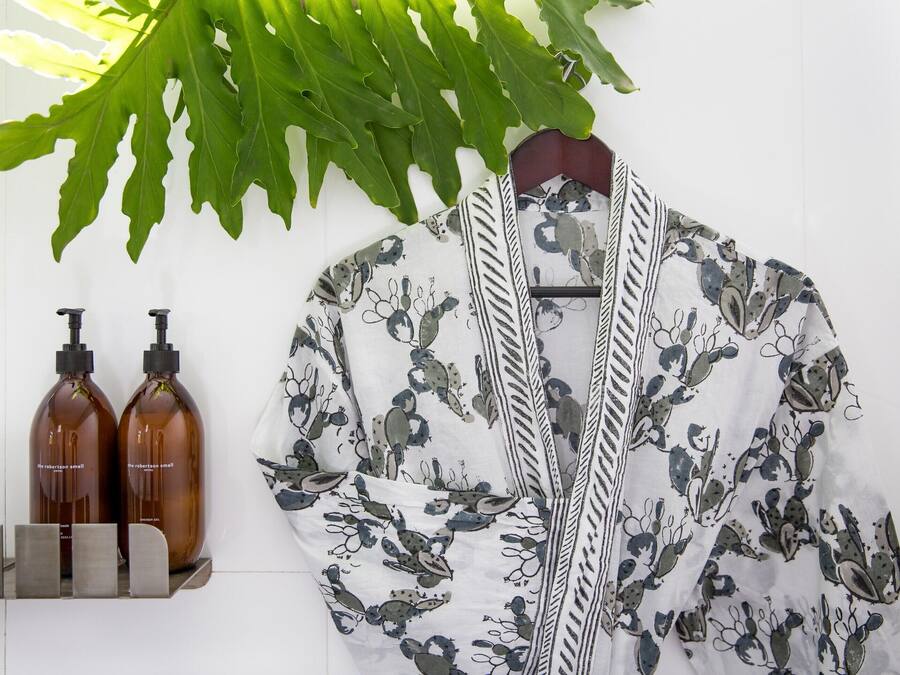 A room with a white wall, a hanging plant, and two brown bottles on a shelf.