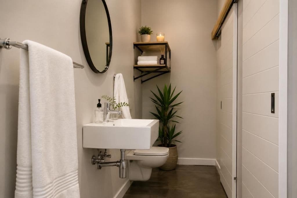 A bathroom with a white sink, mirror, and towel rack. There is a shelf with a plant and candles.