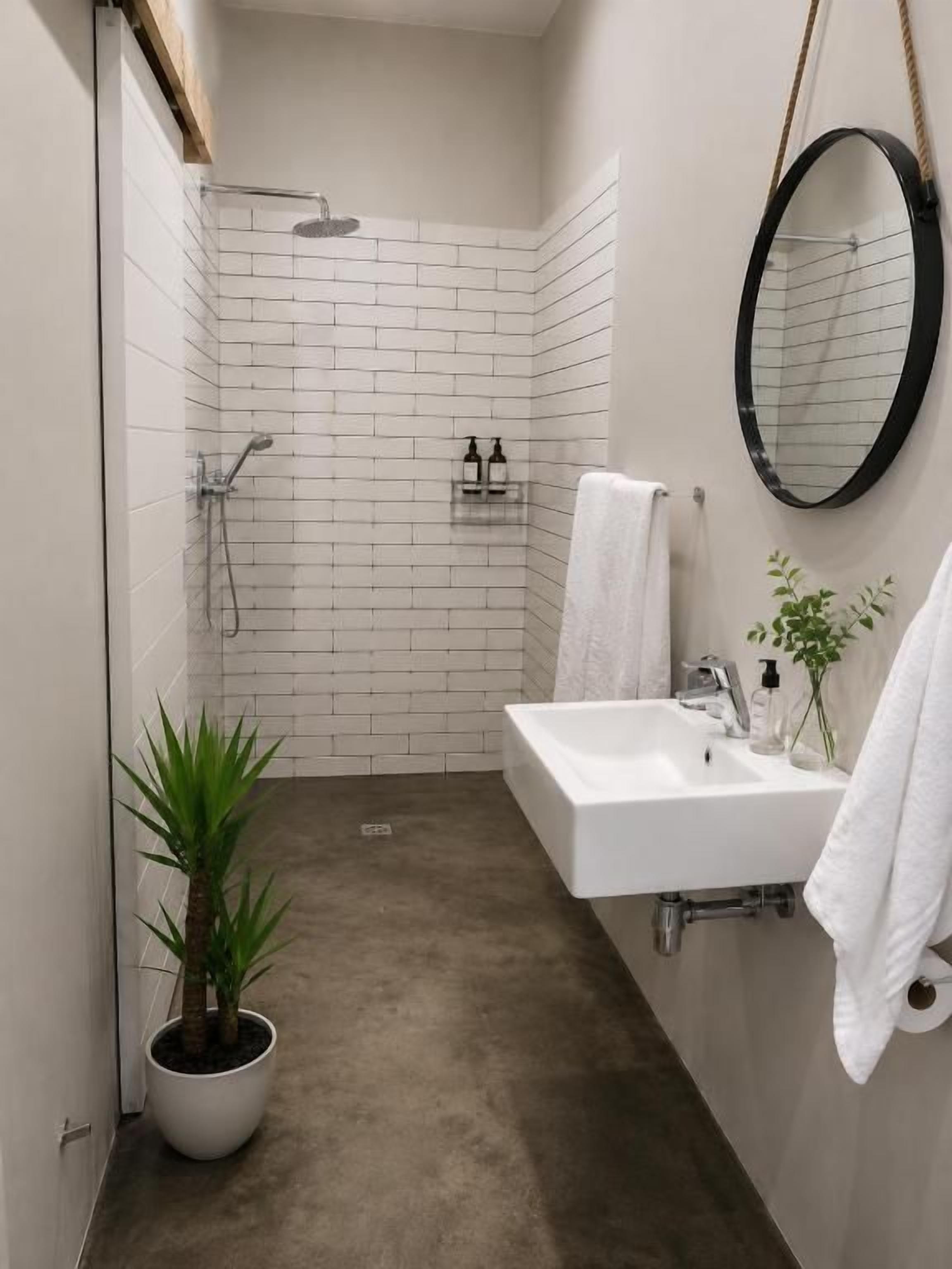 Un baño con ducha, lavamanos y espejo.