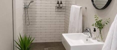 A bathroom with a shower, a sink, and a mirror.