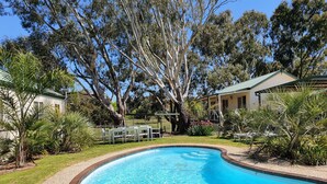 Una piscina con bordo curvo, circondata da un vialetto in ghiaia e vegetazione rigogliosa, tra cui alberi alti e diverse piante.