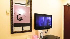 A bathroom with a mirror, a television, a sink, and a towel rack.