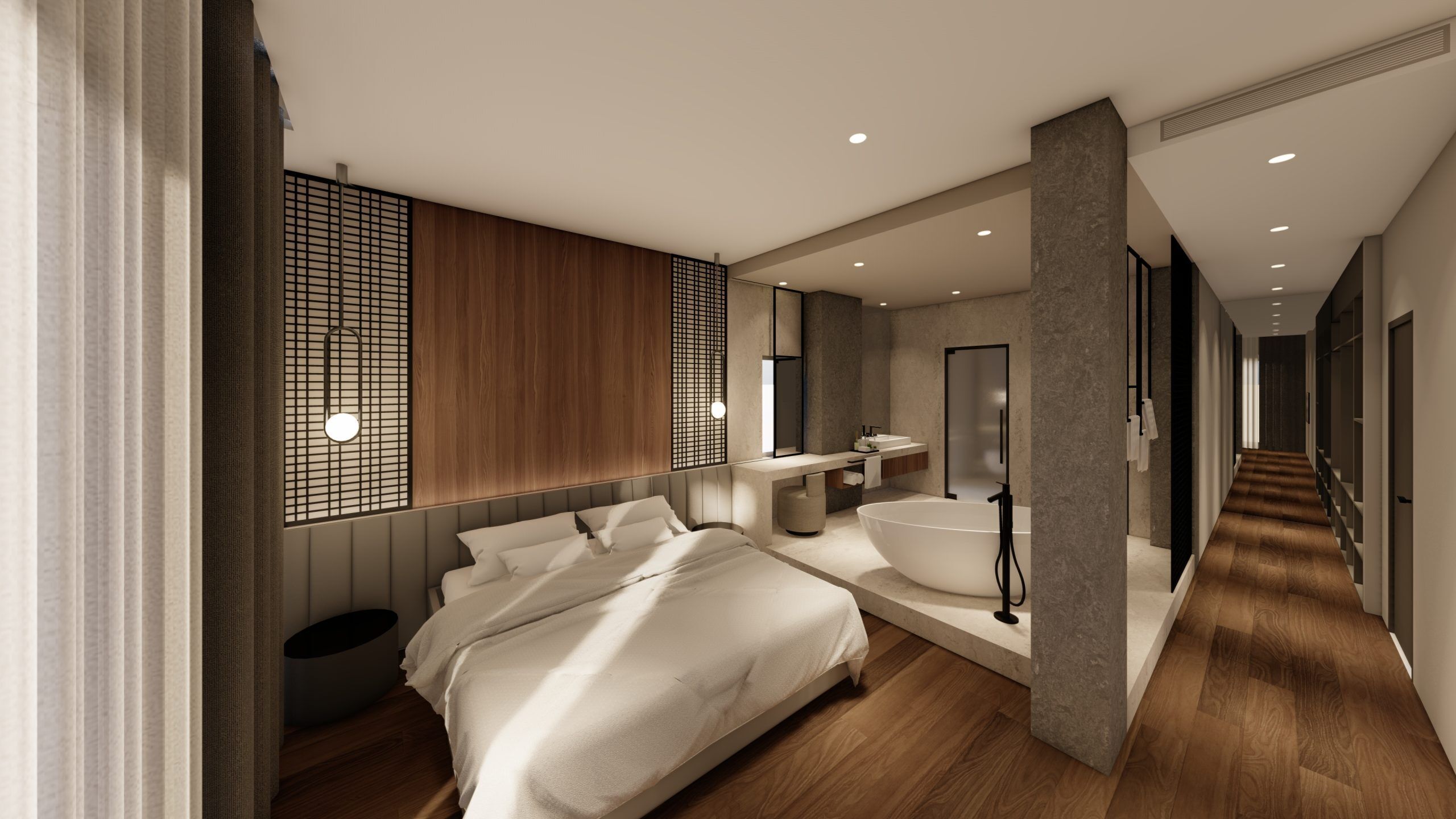 Un dormitorio moderno con una cama grande, una mesita de noche, un armario empotrado y un baño con un lavamanos y espejo amplios.