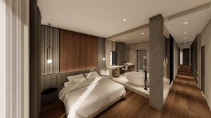 A modern bedroom with a large bed, a bedside table, a built-in wardrobe, and a bathroom with a large sink and mirror. - Hotel Olivier (Split)