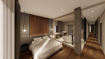 Un dormitorio moderno con una cama grande, una mesita de noche, un armario empotrado y un baño con un lavamanos y espejo amplios.