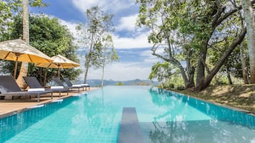 Una piscina techada, una piscina al aire libre, sombrillas