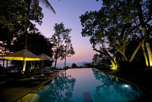 Indoor pool, outdoor pool, pool umbrellas, sun loungers