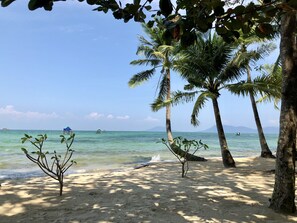 Una playa con palmeras, cielo azul despejado y mar tranquilo.