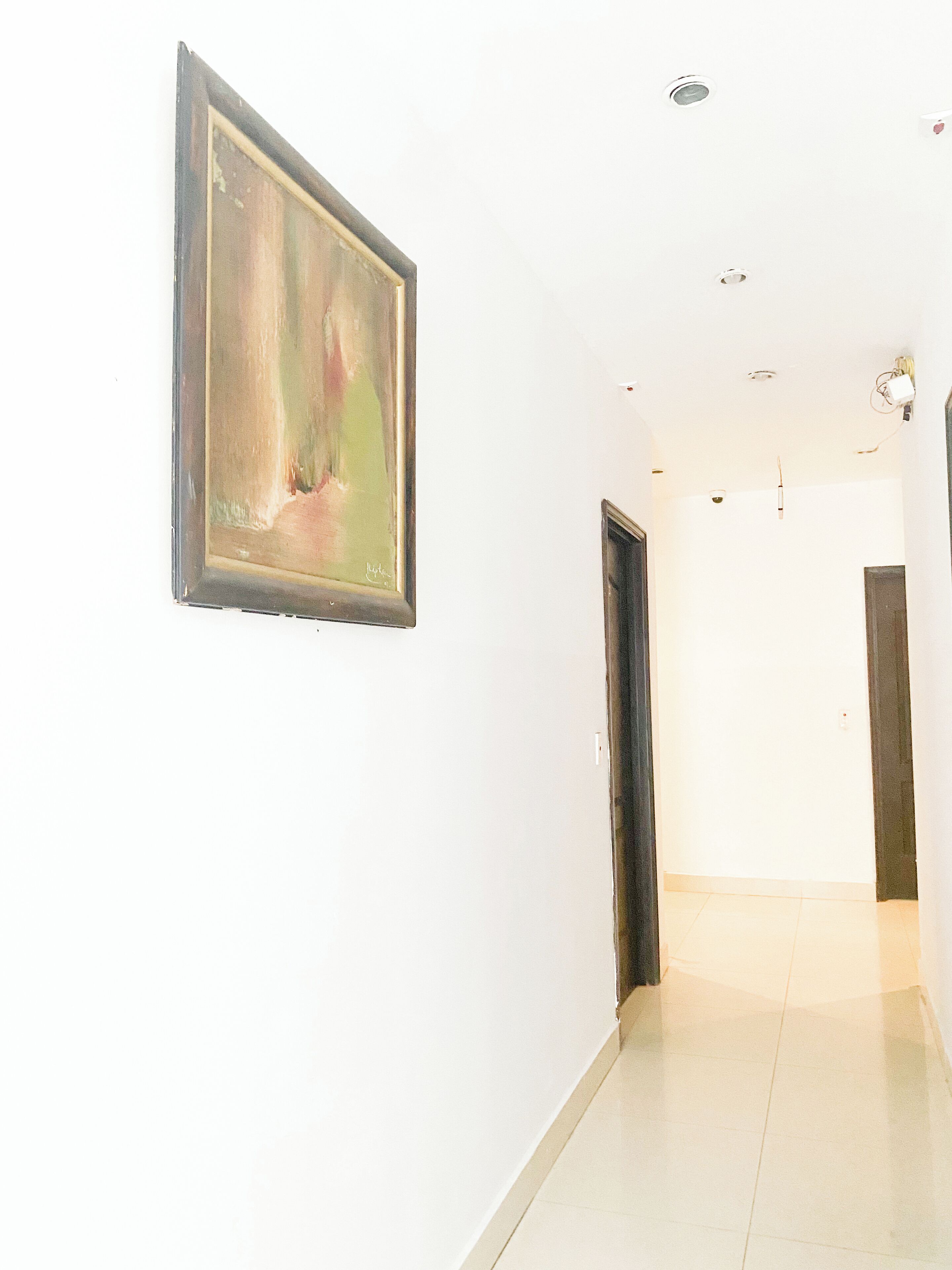 A hallway with a framed painting on the wall, a door, and a light fixture on the ceiling.