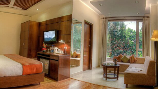 A hotel room with a bed, a desk with a TV, a sofa, and a view of greenery. - Hotel Regent Intercontinental (New Delhi)