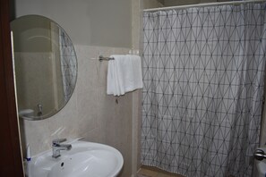 Shower, free toiletries, hair dryer, towels