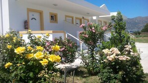 A white building with a covered porch and a staircase. There are yellow and pink flowers in the foreground. - Nikos 2 Studios & Apartments (Kos)