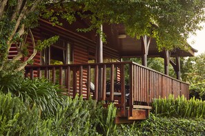A wooden cabin with a covered porch, surrounded by lush greenery and ferns.