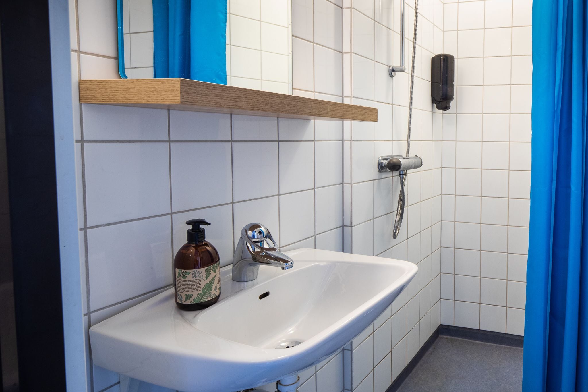 A bathroom with a white sink, a soap dispenser, and a shower head.