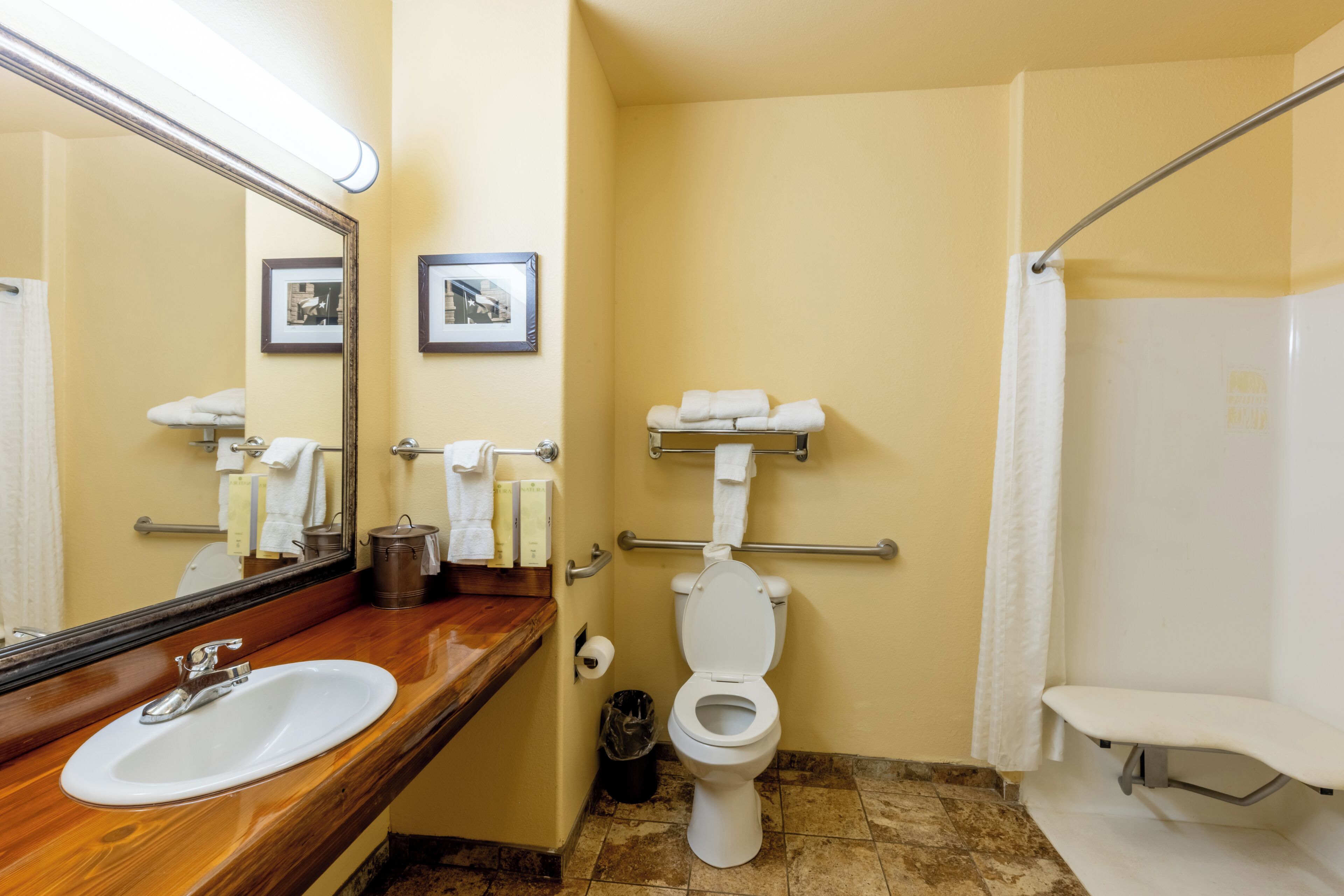 combined shower/bathtub, free toiletries, towels