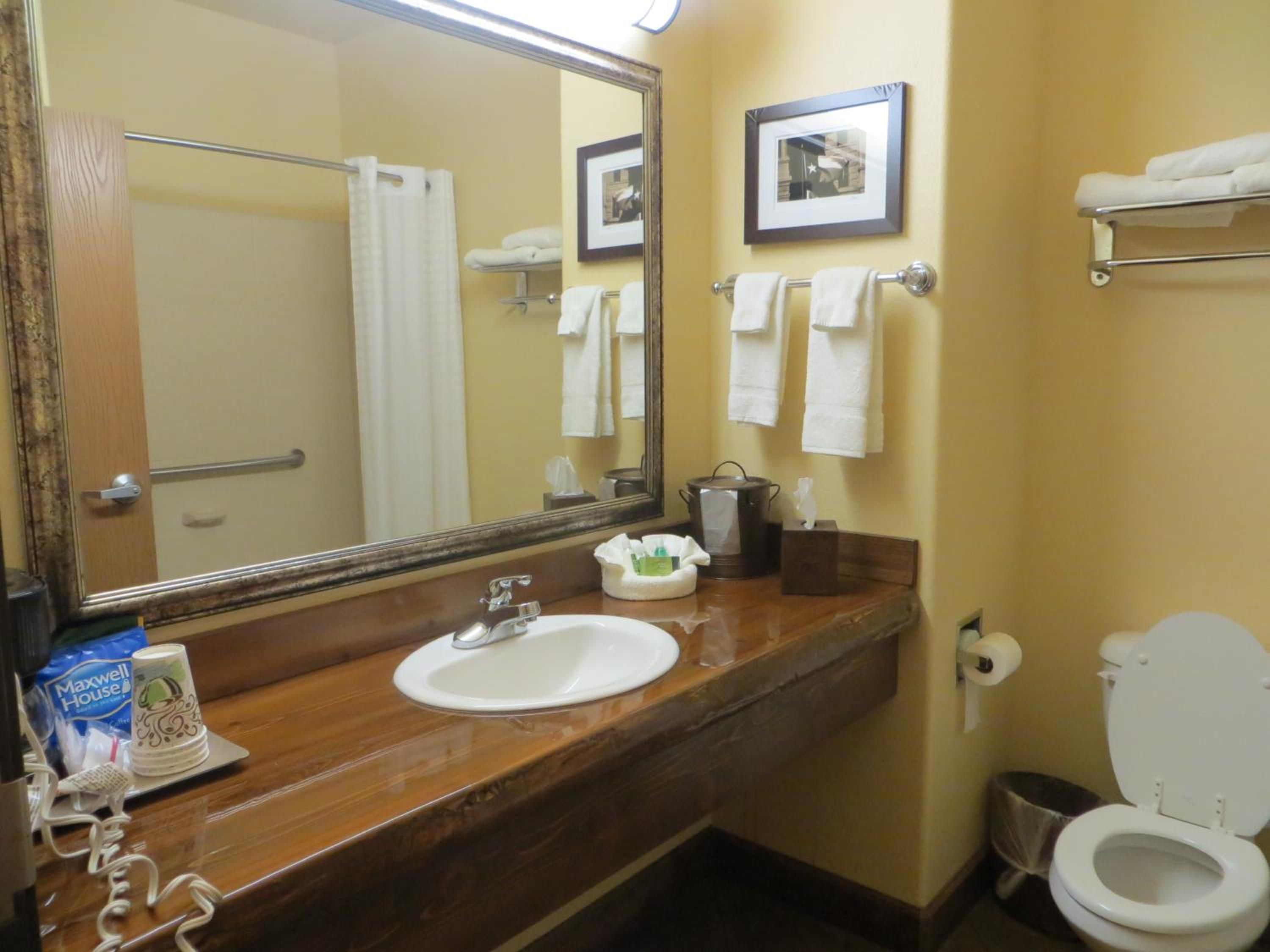 A bathroom with a wooden vanity, a white sink, a mirror, a toilet, and a towel rack with towels.