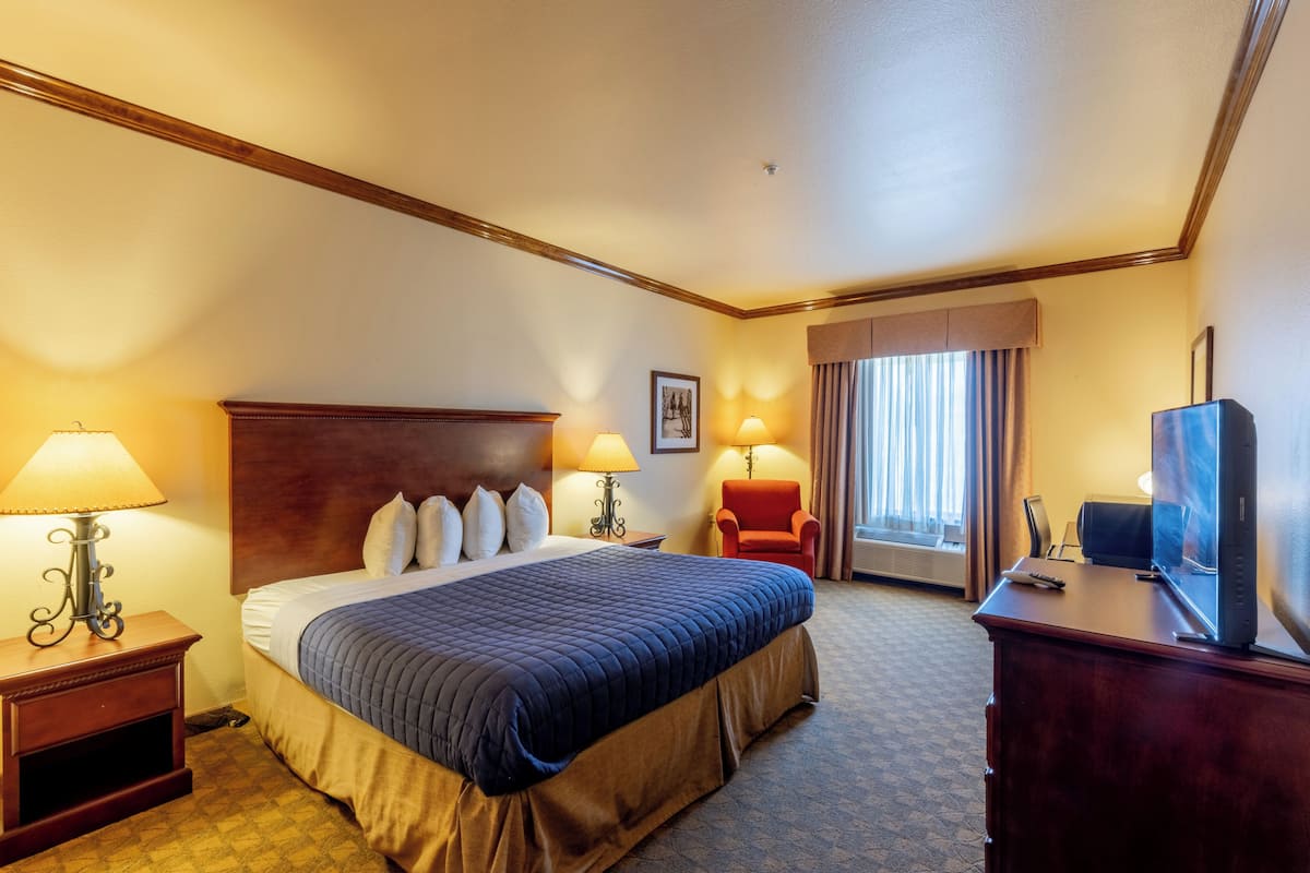A hotel room with a large bed, two bedside lamps, a red armchair, a television, and a window with curtains.